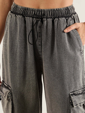 Grey Washed Cargo Pocket Jeans-SASSAFRAS