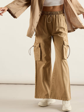 Beige Cargo Pockets Jeans-SASSAFRAS