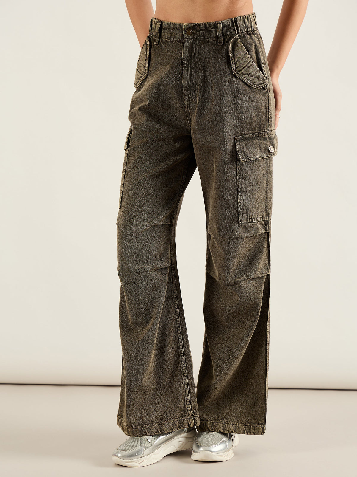 Olive Acid Wash Flap Pocket Cargo Jeans-SASSAFRAS