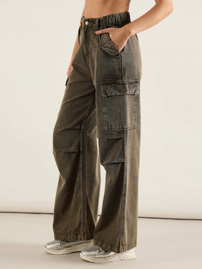 Olive Acid Wash Flap Pocket Cargo Jeans-SASSAFRAS