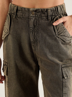 Olive Acid Wash Flap Pocket Cargo Jeans-SASSAFRAS
