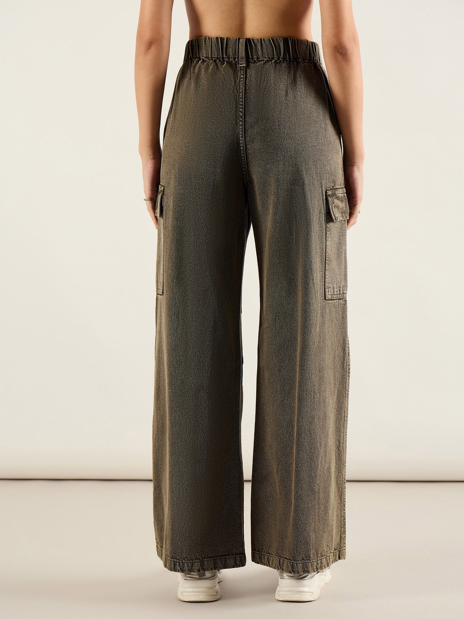 Olive Acid Wash Flap Pocket Cargo Jeans-SASSAFRAS
