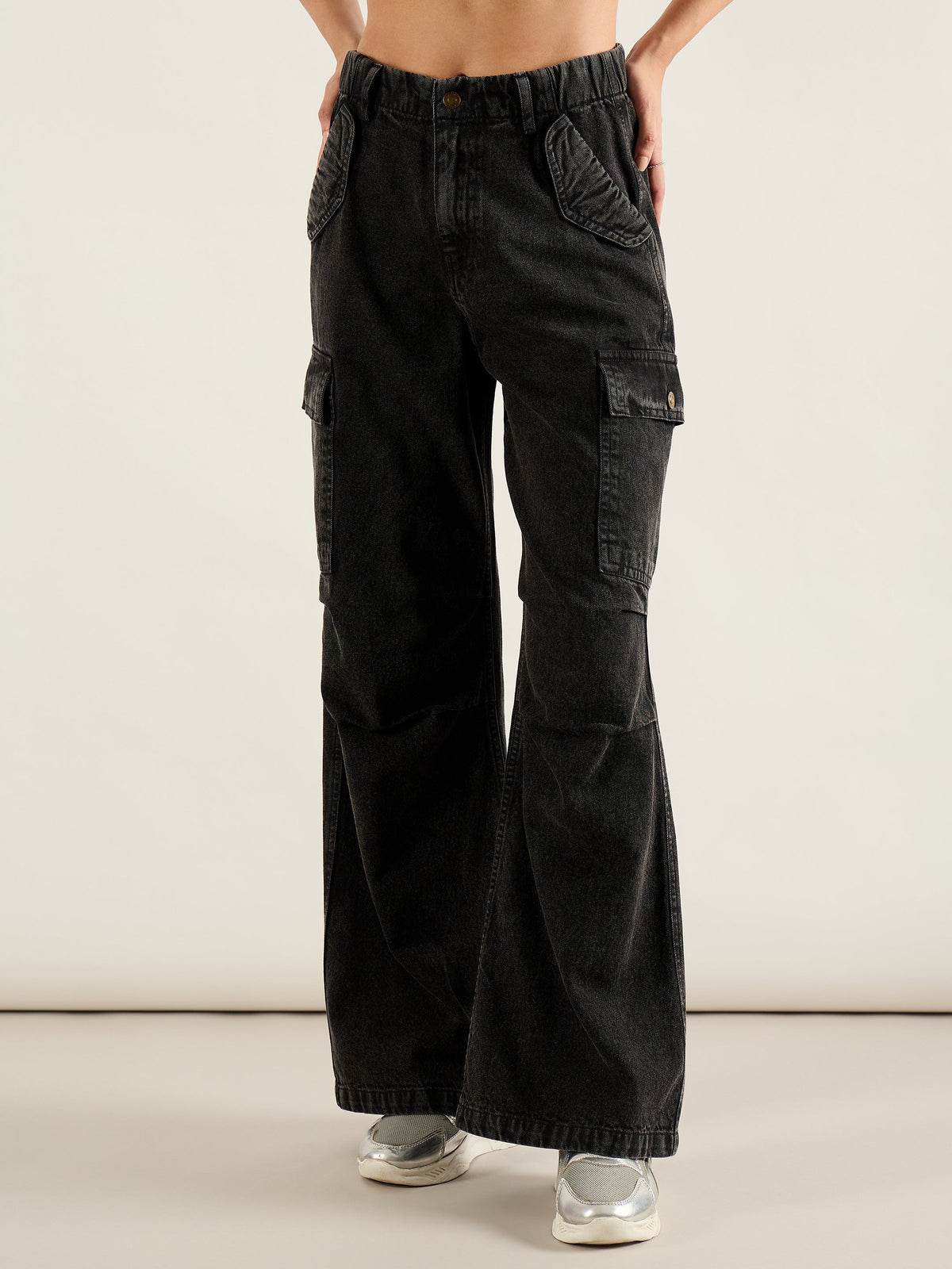 Black Wash Flap Pocket Cargo Jeans-SASSAFRAS