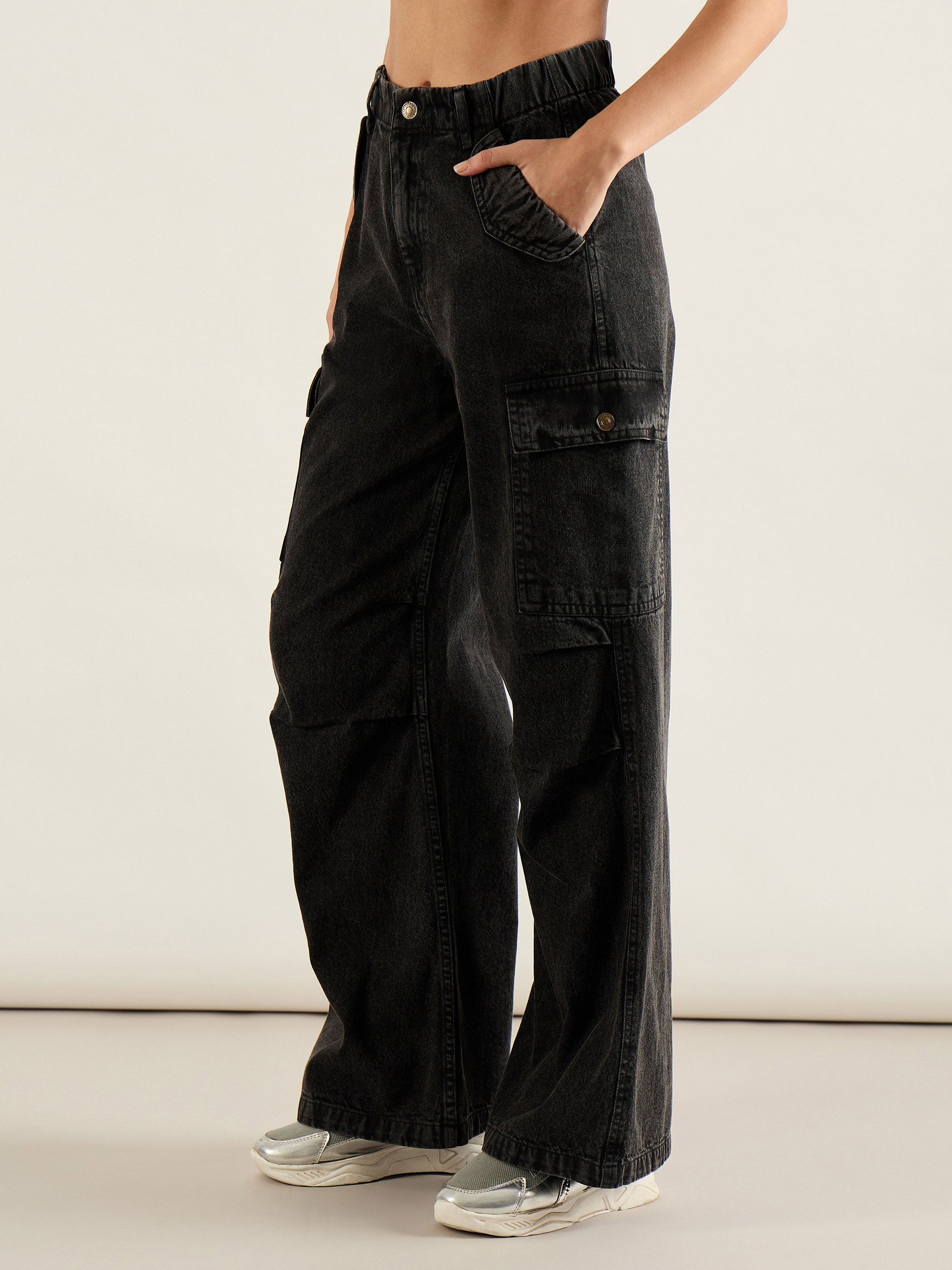 Black Wash Flap Pocket Cargo Jeans-SASSAFRAS