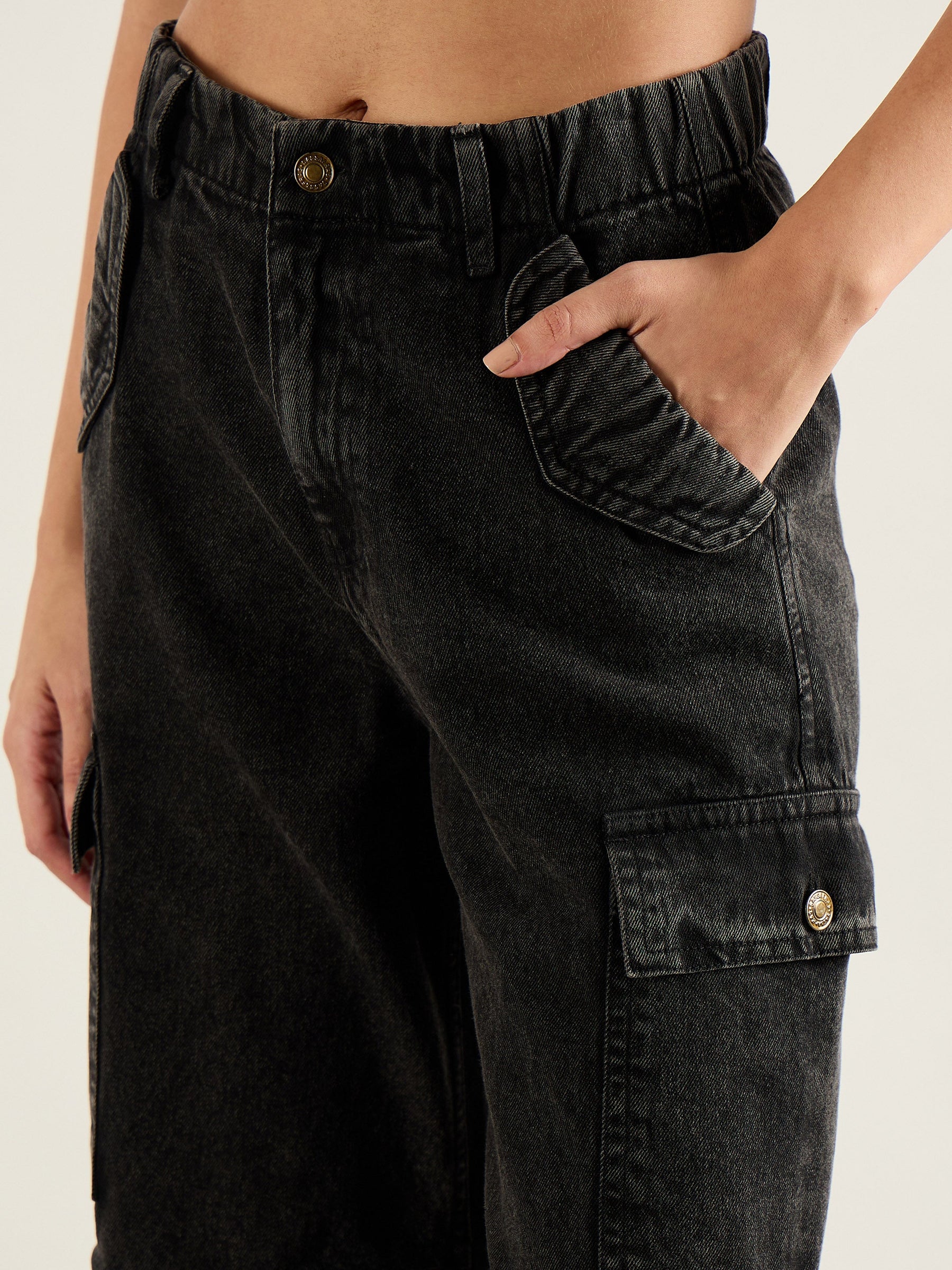 Black Wash Flap Pocket Cargo Jeans-SASSAFRAS