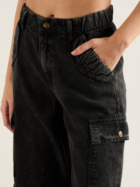 Black Wash Flap Pocket Cargo Jeans-SASSAFRAS