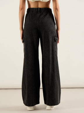 Black Wash Flap Pocket Cargo Jeans-SASSAFRAS
