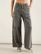 Grey Wash Hem Pocket Cargo Jeans-SASSAFRAS