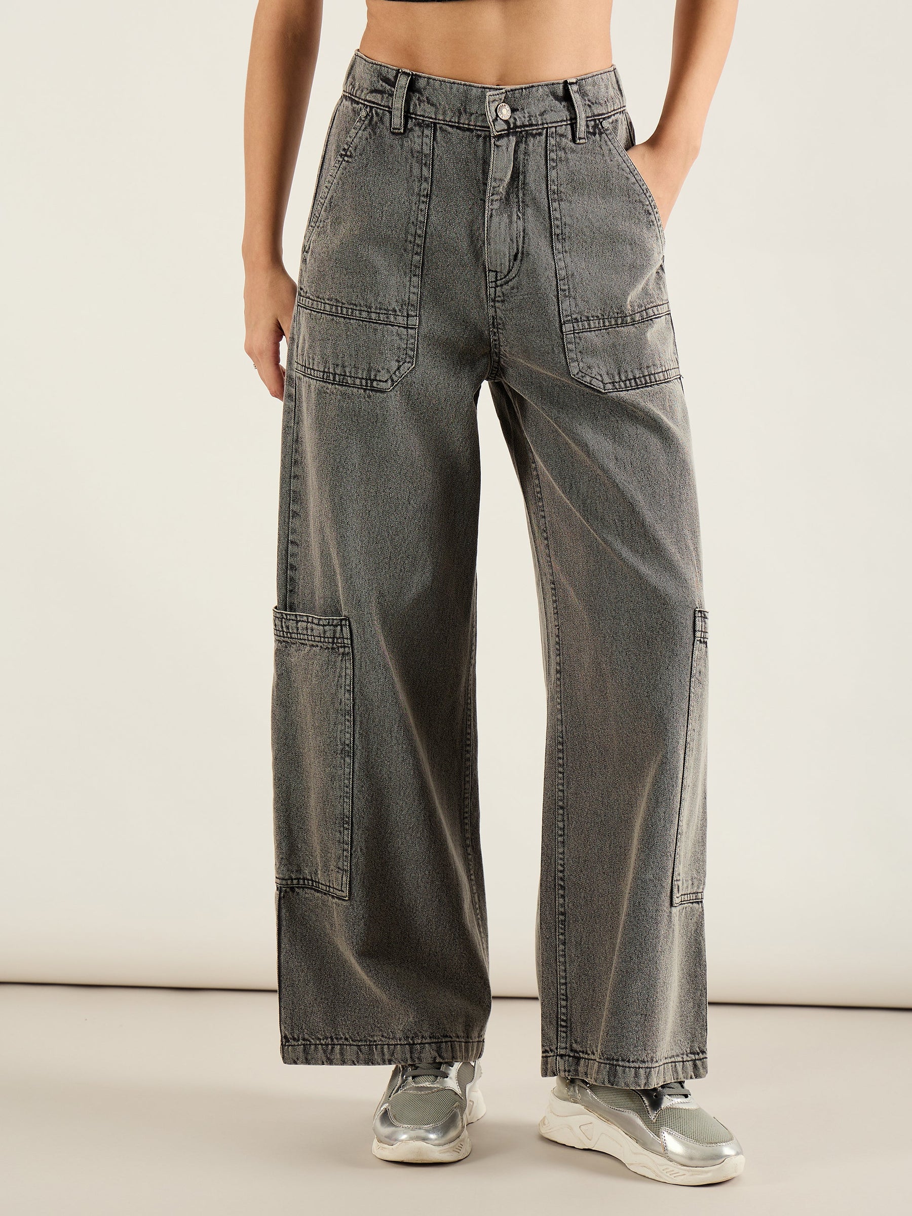 Grey Wash Hem Pocket Cargo Jeans-SASSAFRAS