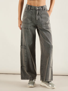 Grey Wash Hem Pocket Cargo Jeans-SASSAFRAS