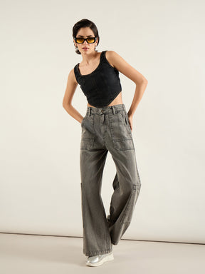 Grey Wash Hem Pocket Cargo Jeans-SASSAFRAS