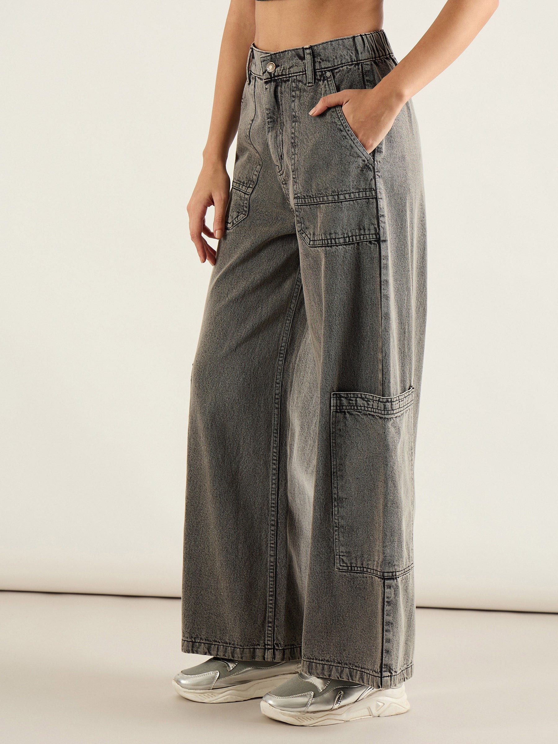 Grey Wash Hem Pocket Cargo Jeans-SASSAFRAS
