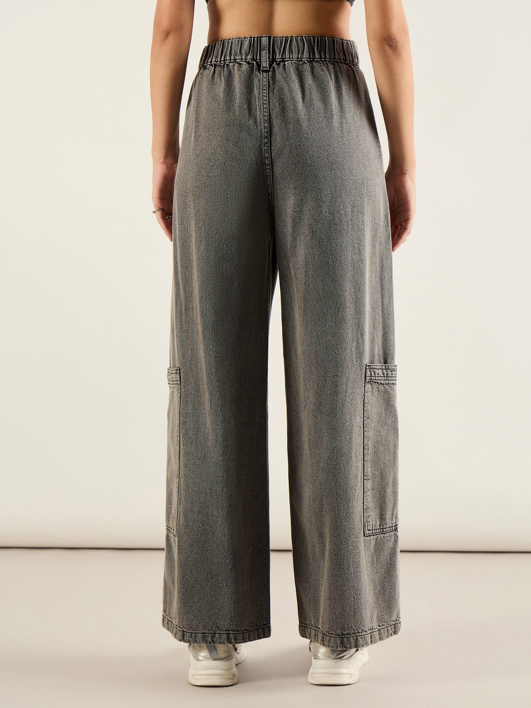 Grey Wash Hem Pocket Cargo Jeans-SASSAFRAS