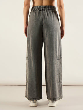 Grey Wash Hem Pocket Cargo Jeans-SASSAFRAS
