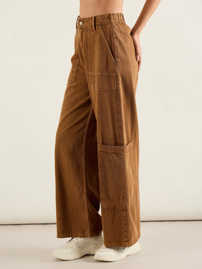 Brown Hem Pocket Cargo Jeans-SASSAFRAS