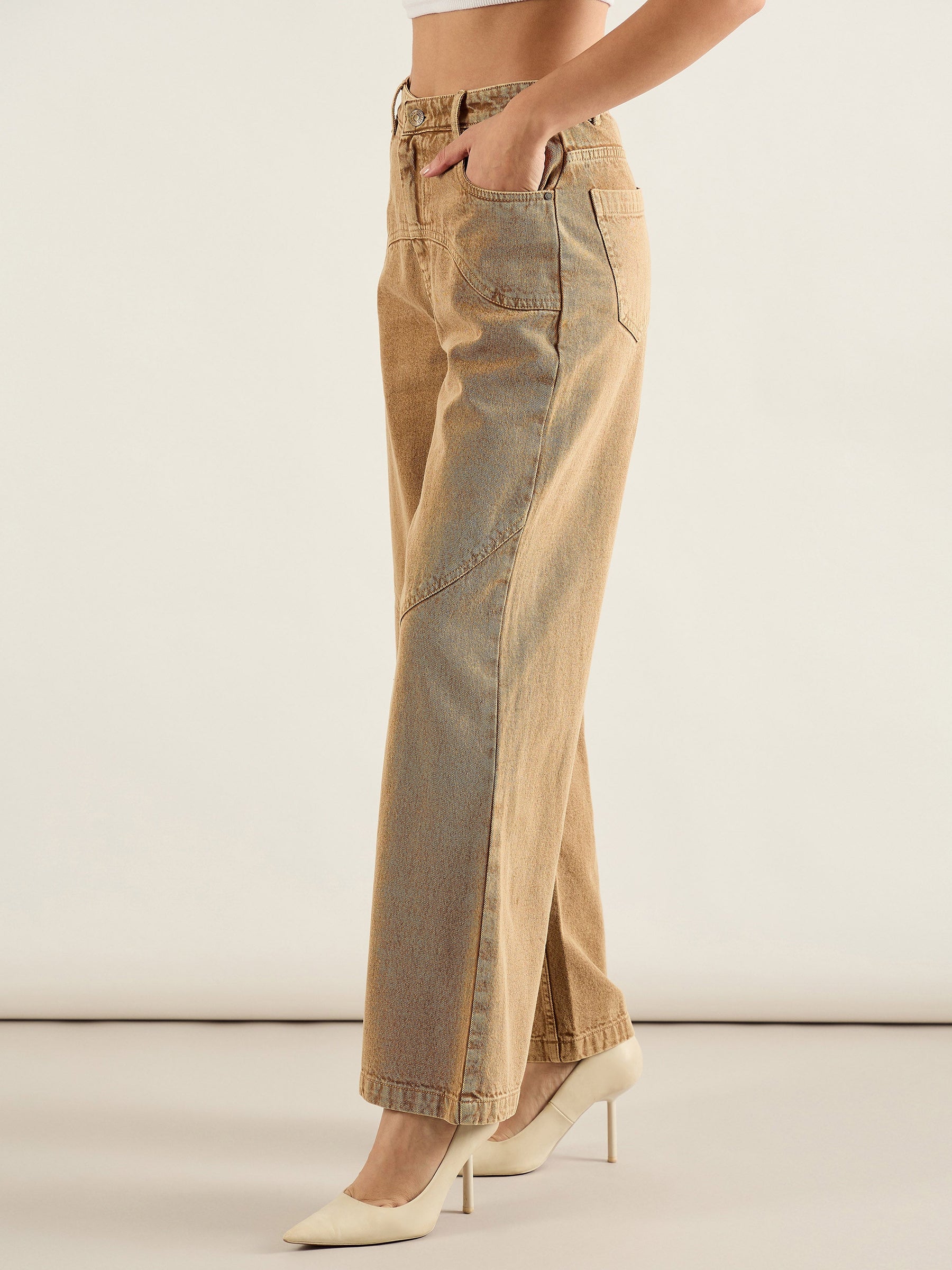 Dark Beige High Waist Straight Jeans-SASSAFRAS