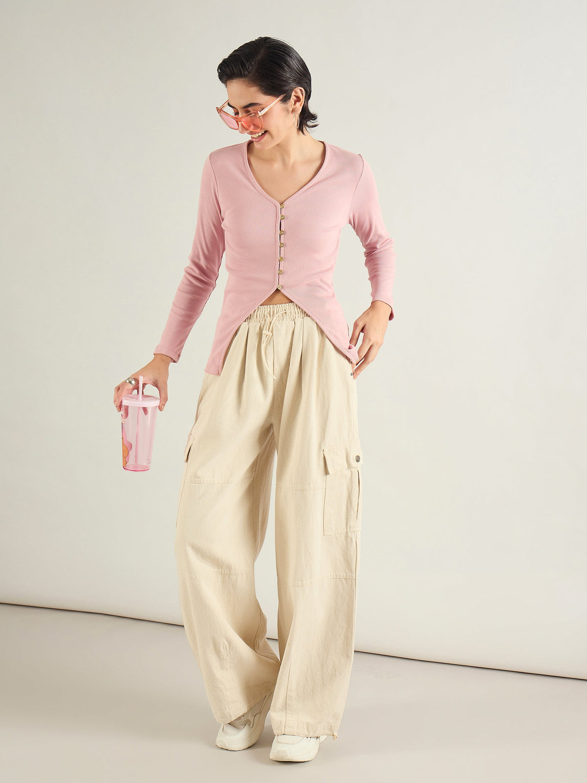 Beige Baggy Fit Cargo Jeans-SASSAFRAS