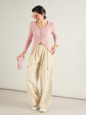 Beige Baggy Fit Cargo Jeans-SASSAFRAS