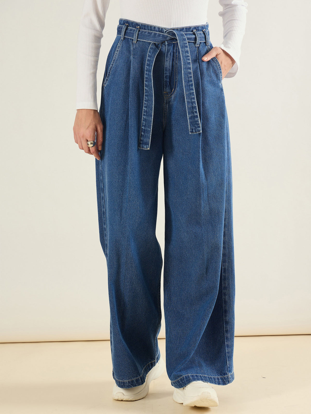Blue Wash Wide Leg Belted Denim Jeans-SASSAFRAS BASICS