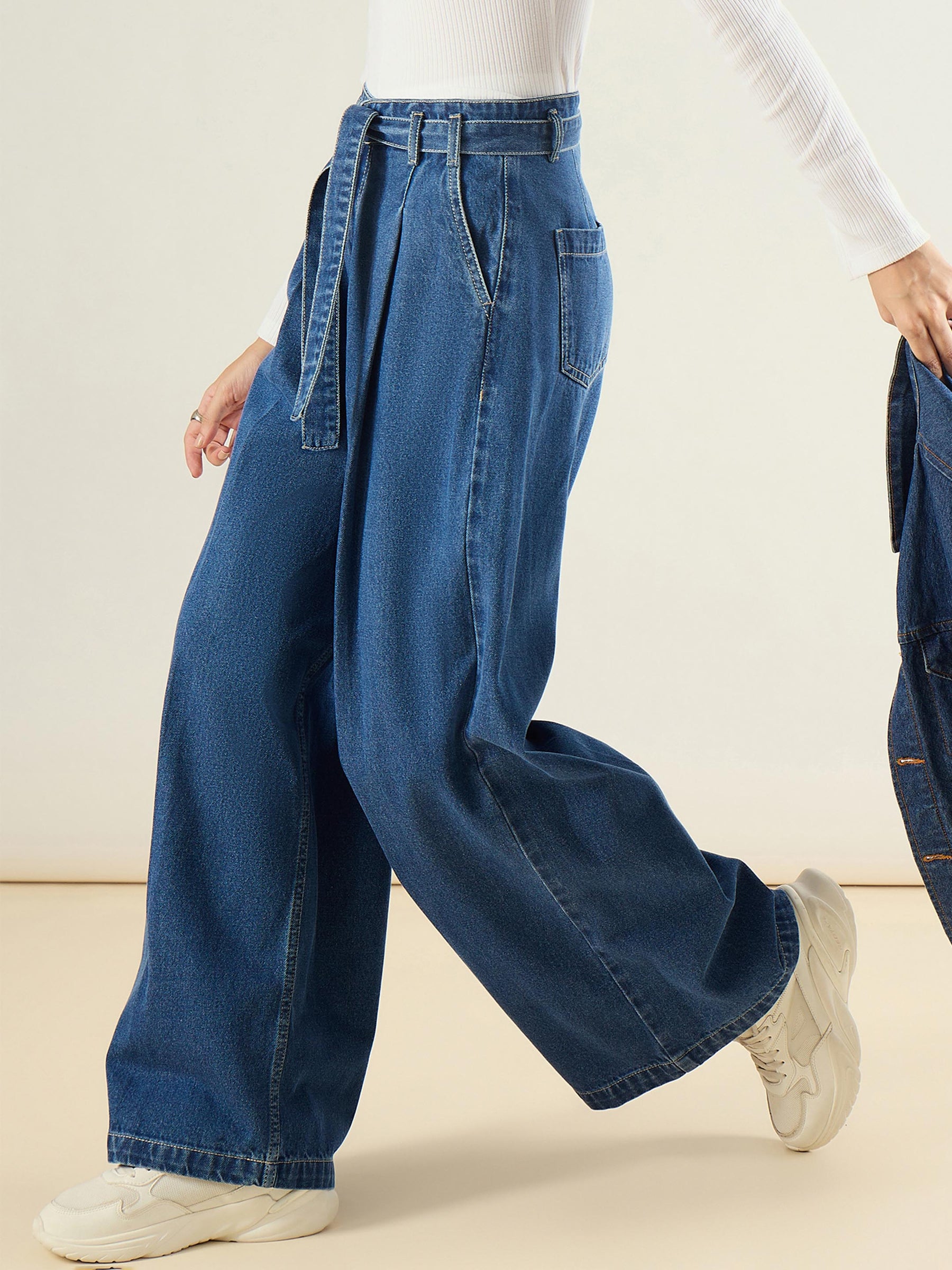 Blue Wash Wide Leg Belted Denim Jeans-SASSAFRAS BASICS