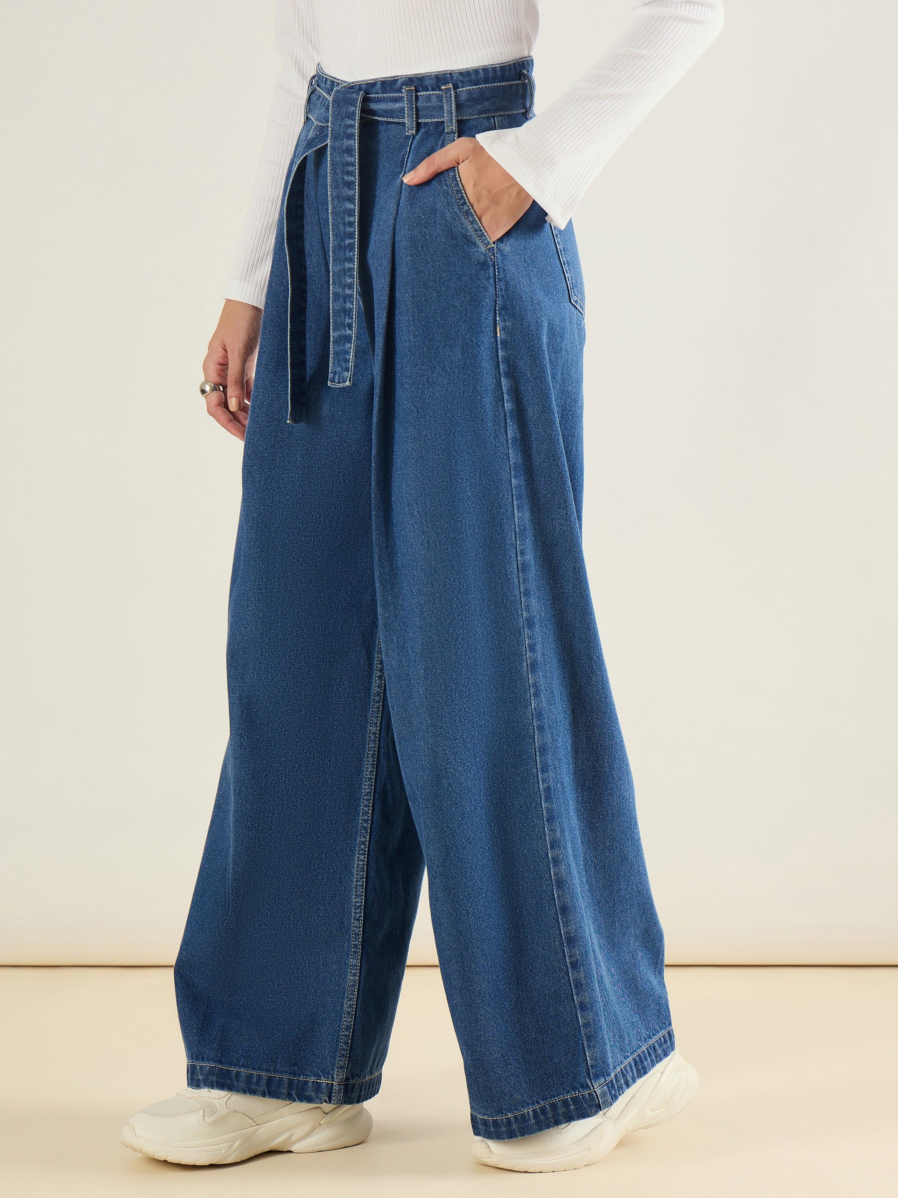 Blue Wash Wide Leg Belted Denim Jeans-SASSAFRAS BASICS