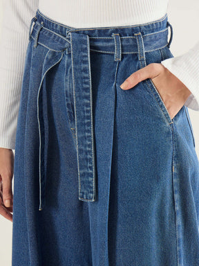 Blue Wash Wide Leg Belted Denim Jeans-SASSAFRAS BASICS