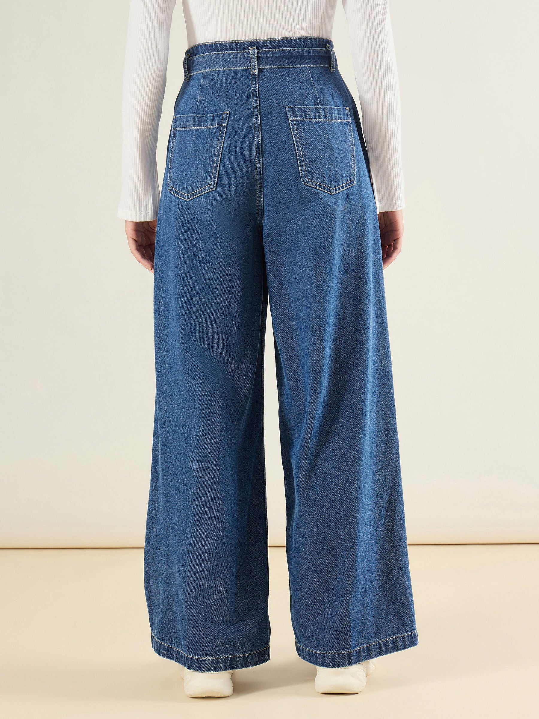 Blue Wash Wide Leg Belted Denim Jeans-SASSAFRAS BASICS