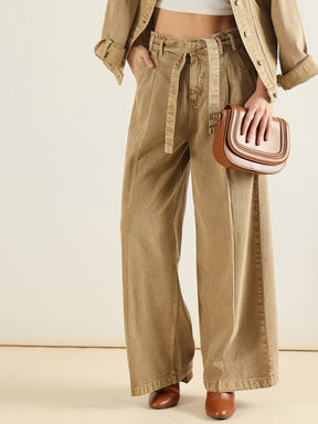 Beige Wide Leg Belted Denim Jeans-SASSAFRAS BASICS
