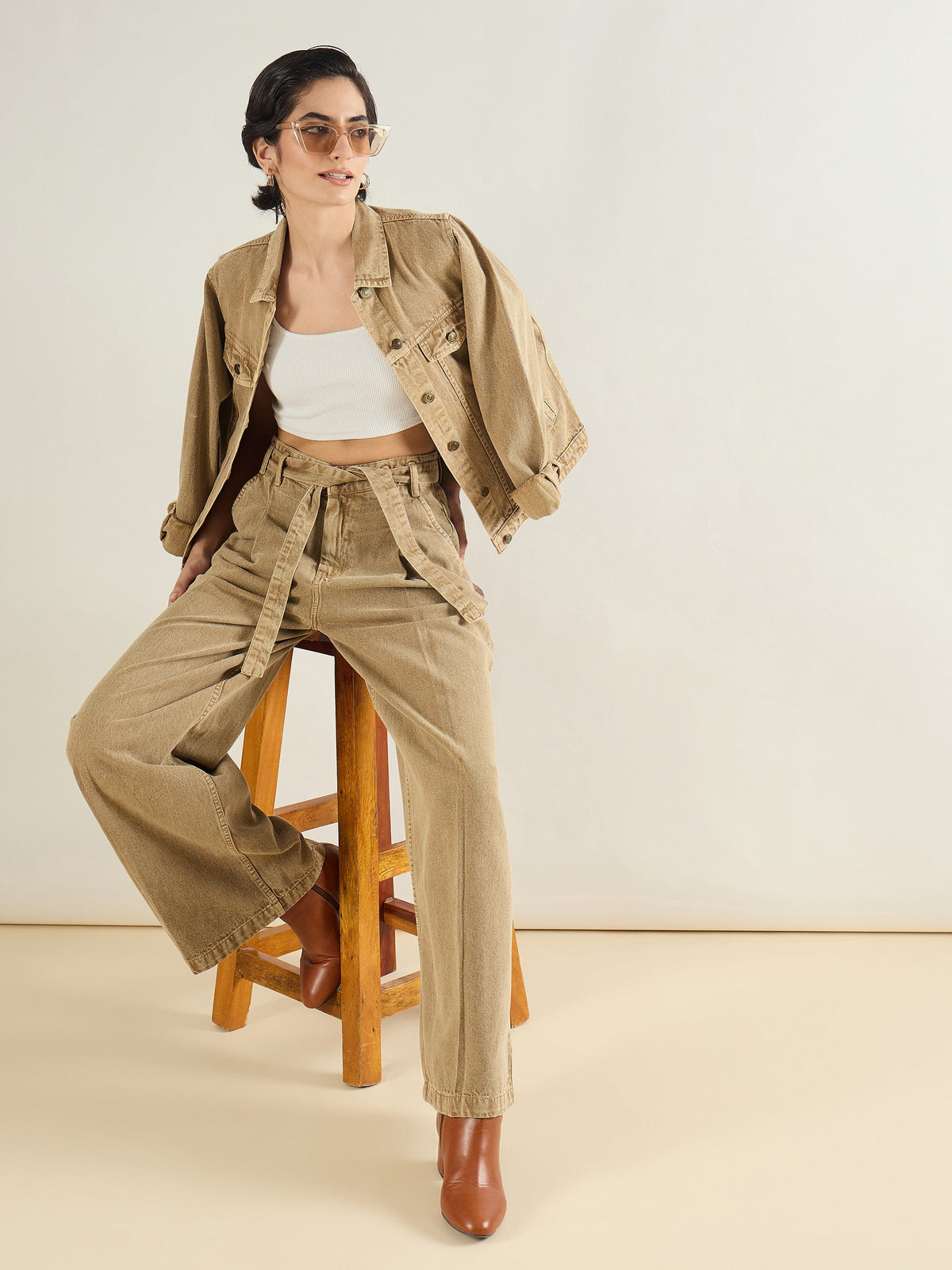 Beige Wide Leg Belted Denim Jeans-SASSAFRAS BASICS
