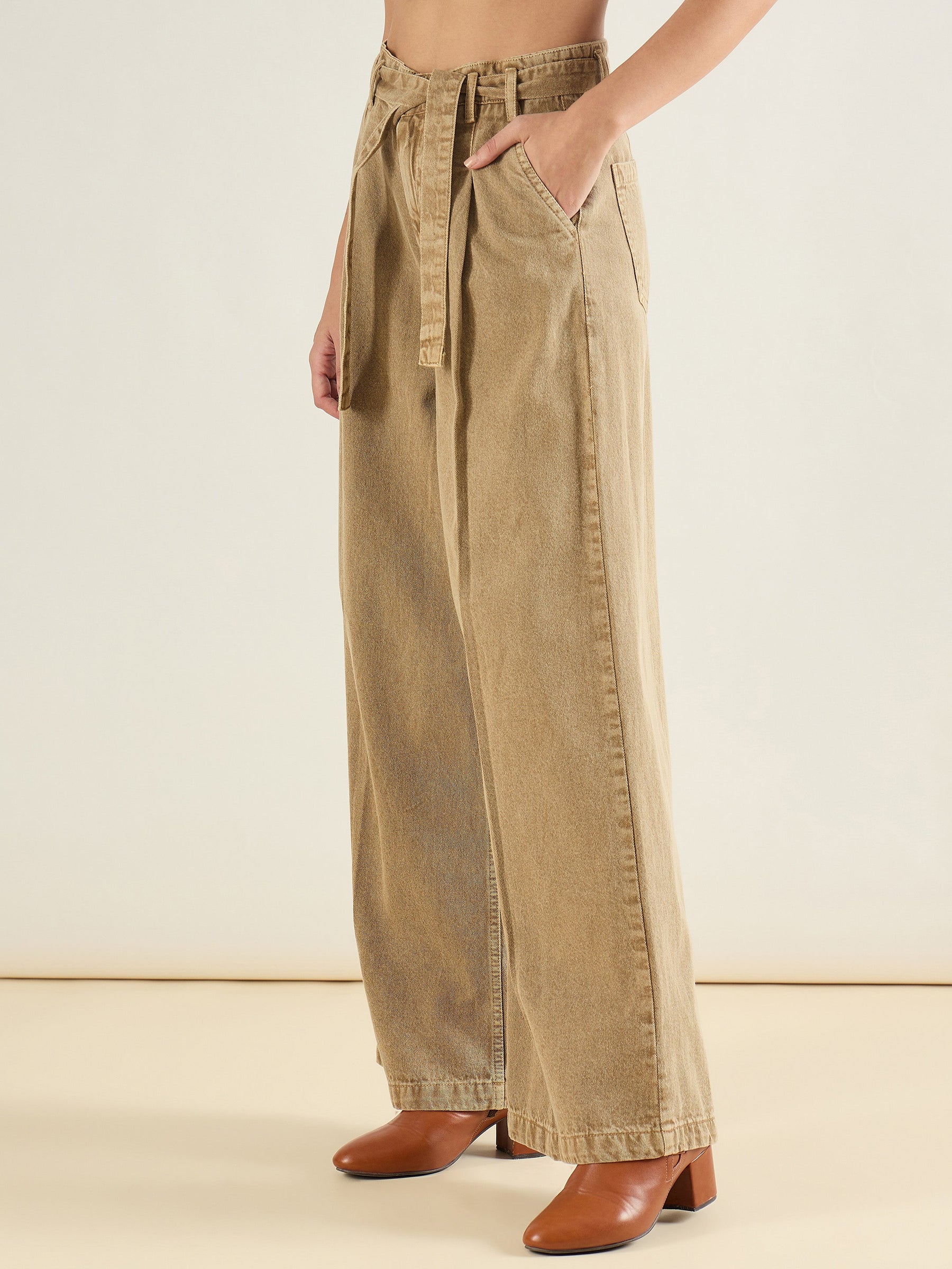 Beige Wide Leg Belted Denim Jeans-SASSAFRAS BASICS