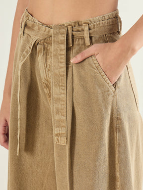Beige Wide Leg Belted Denim Jeans-SASSAFRAS BASICS
