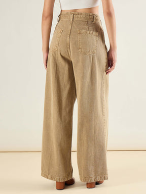 Beige Wide Leg Belted Denim Jeans-SASSAFRAS BASICS