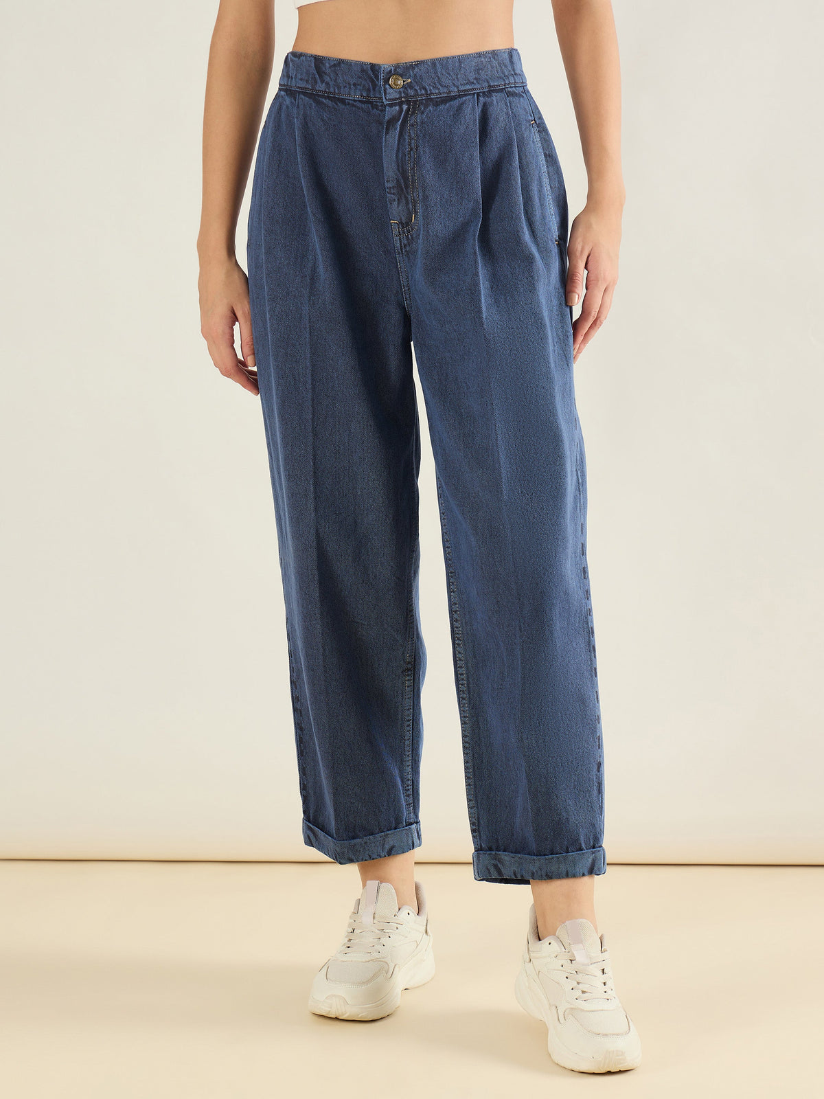 Blue Wash Roll Up Hem Barrel Jeans-SASSAFRAS BASICS