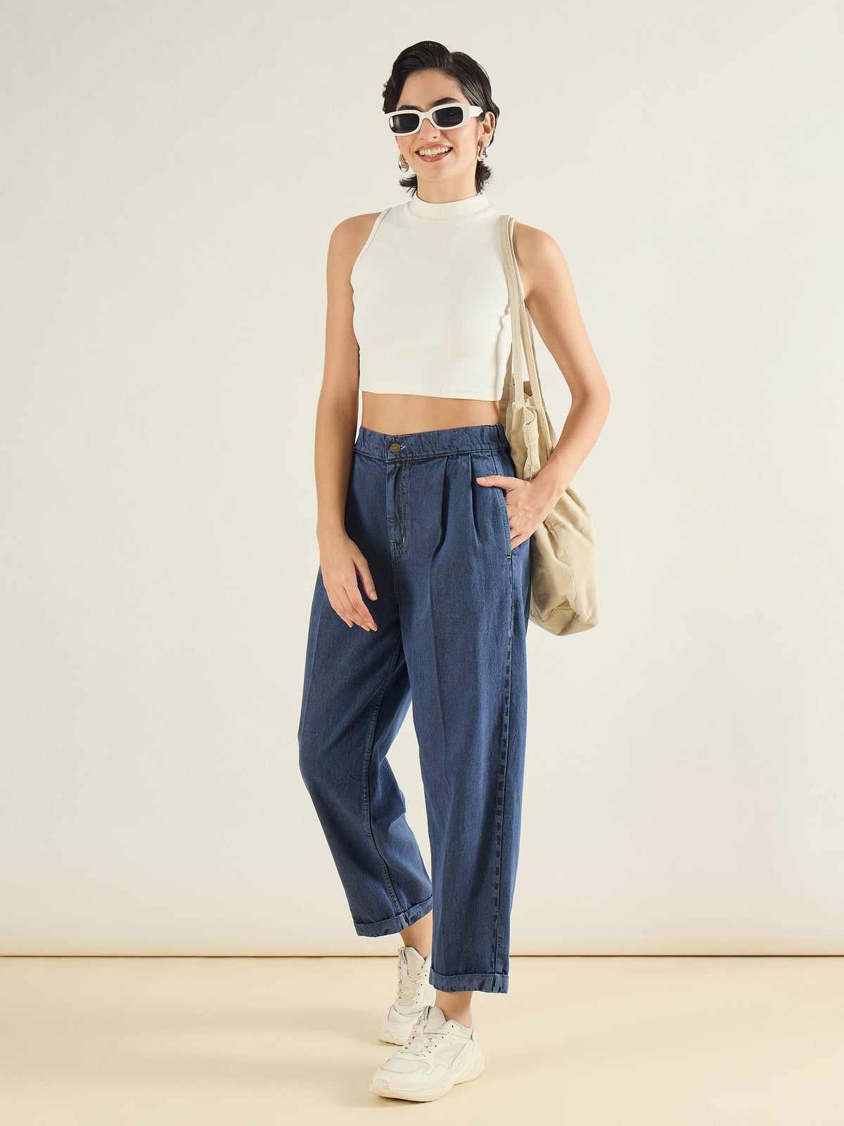 Blue Wash Roll Up Hem Barrel Jeans-SASSAFRAS BASICS