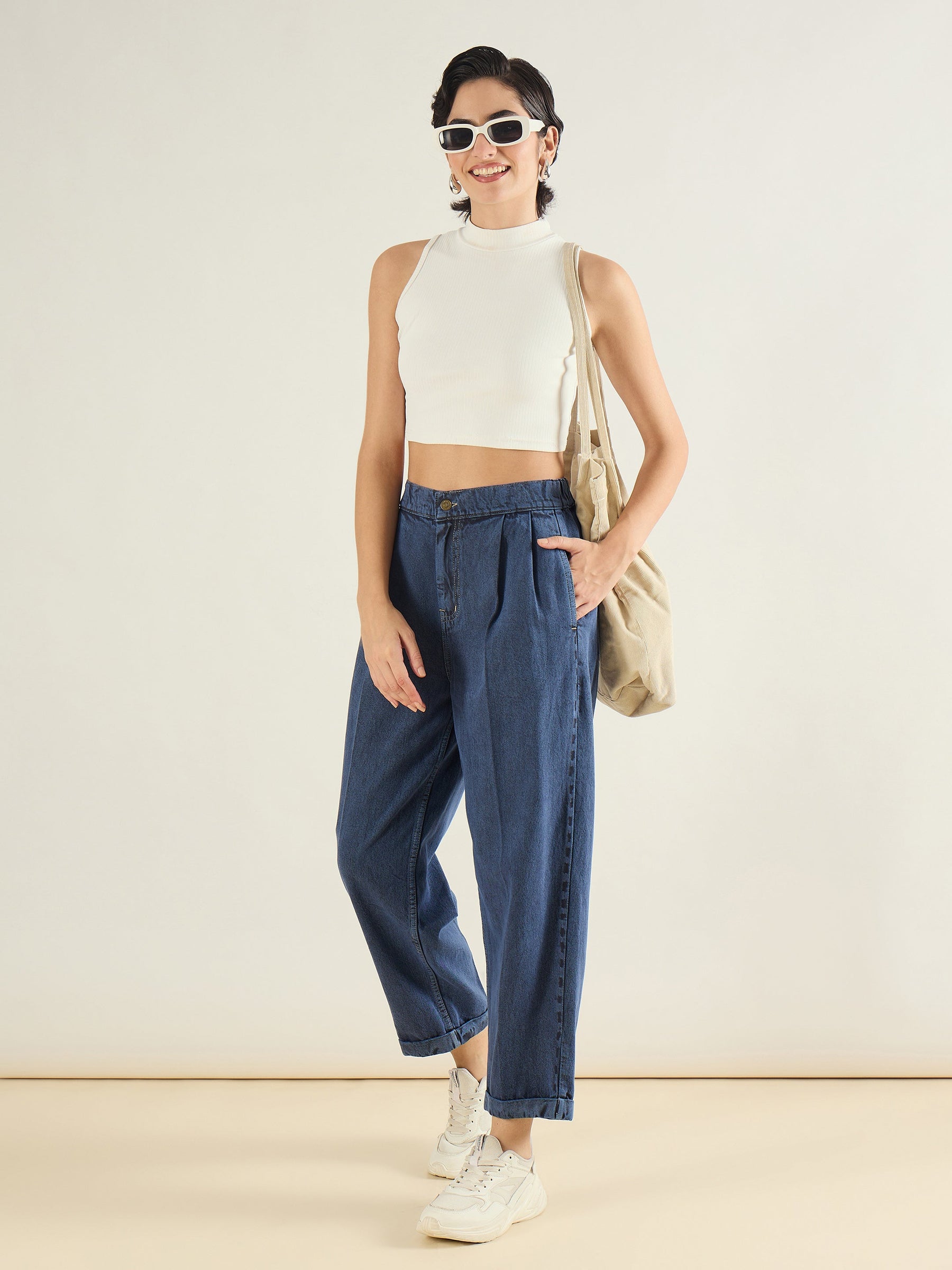 Blue Wash Roll Up Hem Barrel Jeans-SASSAFRAS BASICS