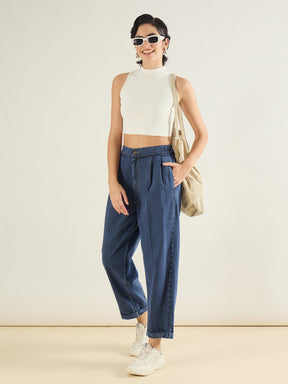 Blue Wash Roll Up Hem Barrel Jeans-SASSAFRAS BASICS