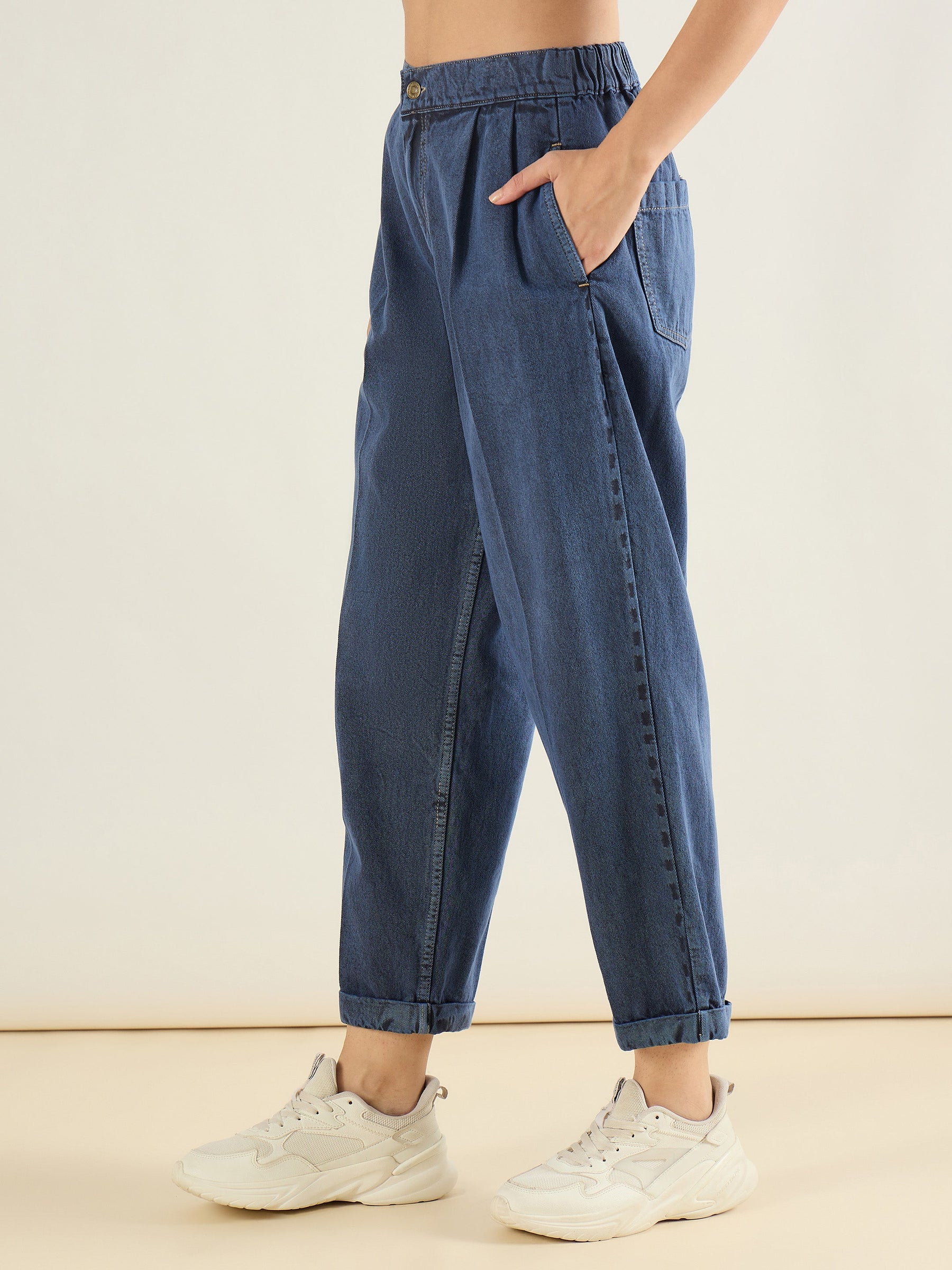 Blue Wash Roll Up Hem Barrel Jeans-SASSAFRAS BASICS