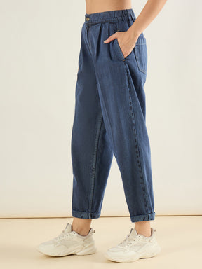 Blue Wash Roll Up Hem Barrel Jeans-SASSAFRAS BASICS