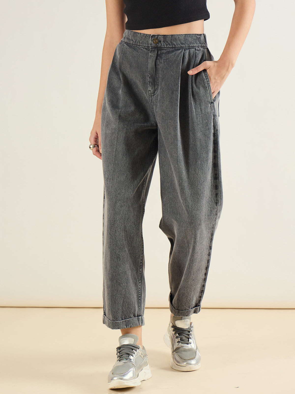 Grey Wash Roll Up Hem Barrel Jeans-SASSAFRAS BASICS