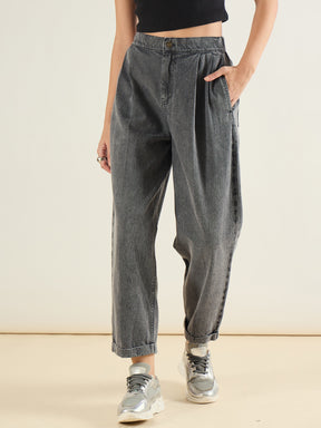 Grey Wash Roll Up Hem Barrel Jeans-SASSAFRAS BASICS