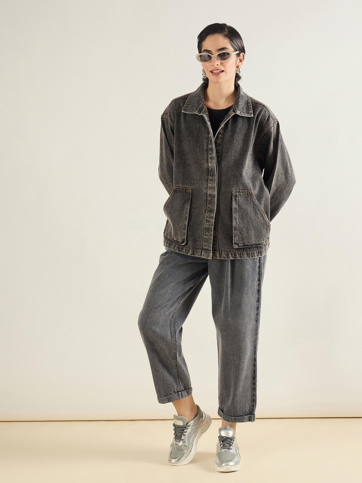 Grey Wash Roll Up Hem Barrel Jeans-SASSAFRAS BASICS
