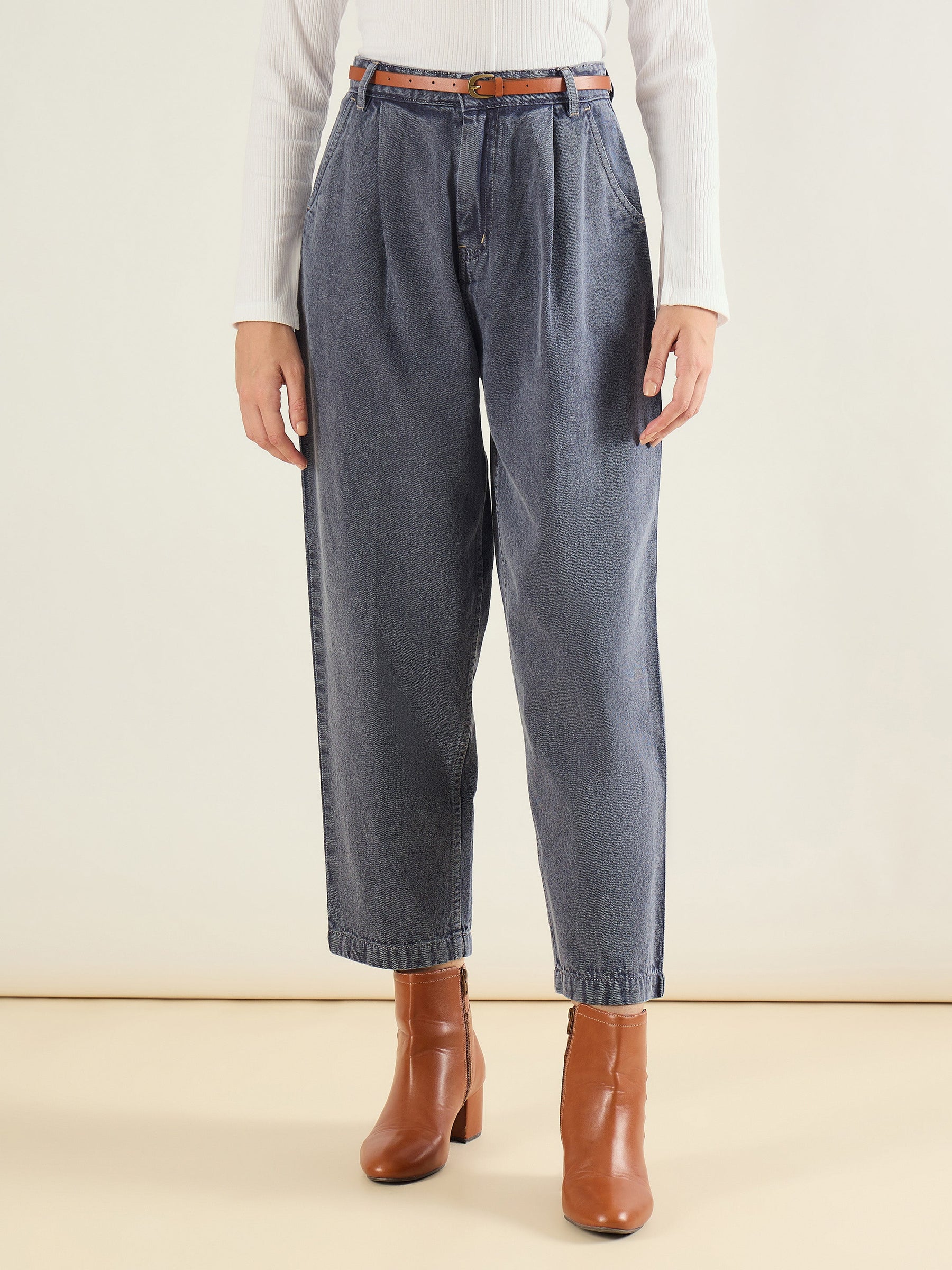 Blue Wash PU Belted Barrel Jeans-SASSAFRAS BASICS