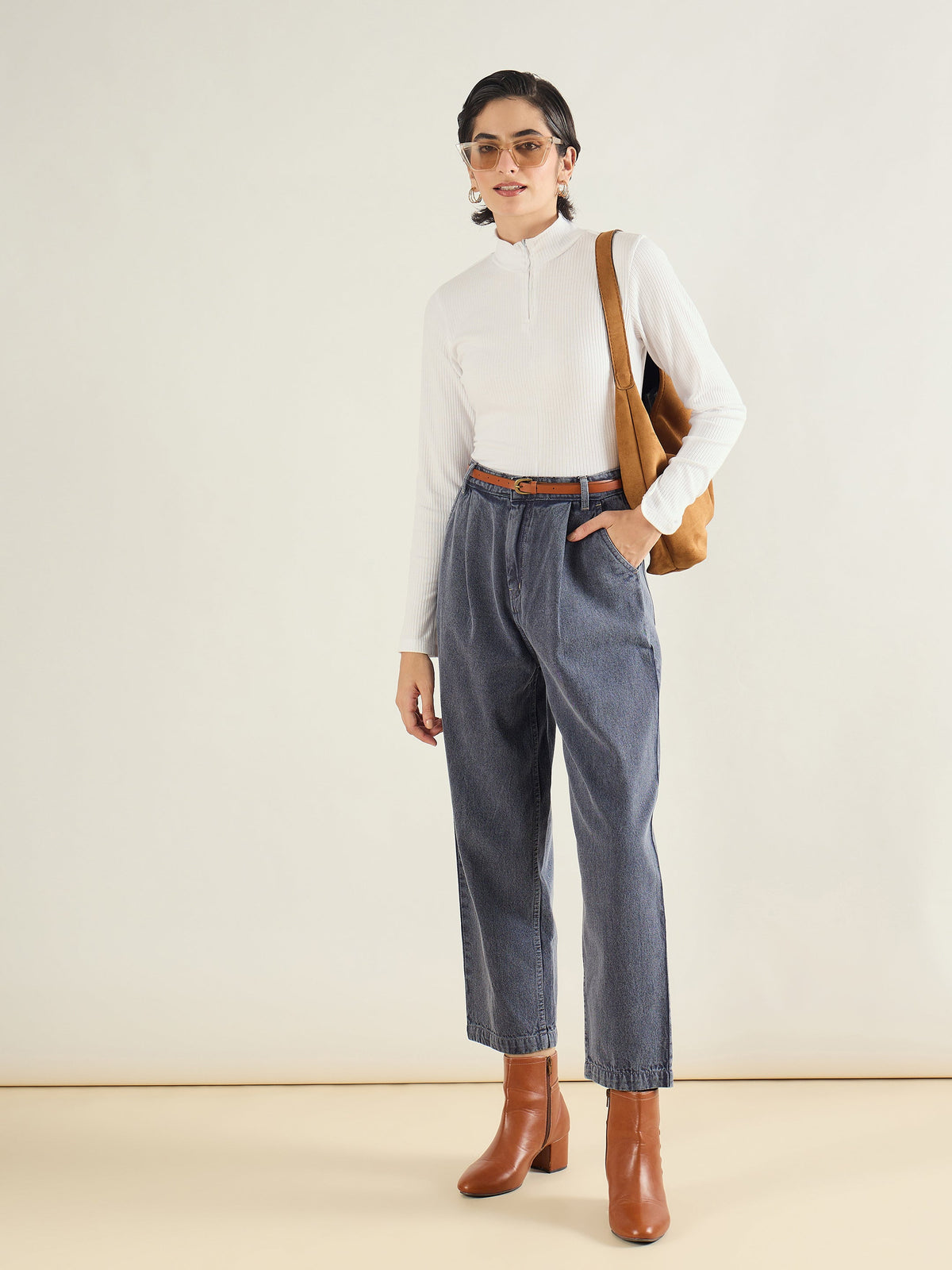 Blue Wash PU Belted Barrel Jeans-SASSAFRAS BASICS