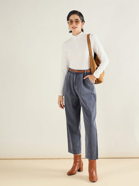 Blue Wash PU Belted Barrel Jeans-SASSAFRAS BASICS