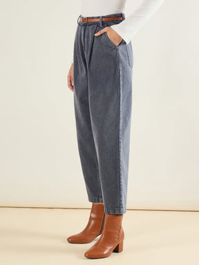 Blue Wash PU Belted Barrel Jeans-SASSAFRAS BASICS