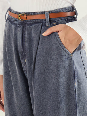 Blue Wash PU Belted Barrel Jeans-SASSAFRAS BASICS