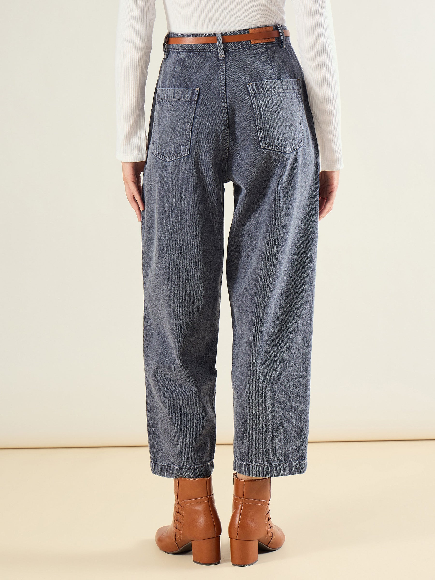 Blue Wash PU Belted Barrel Jeans-SASSAFRAS BASICS