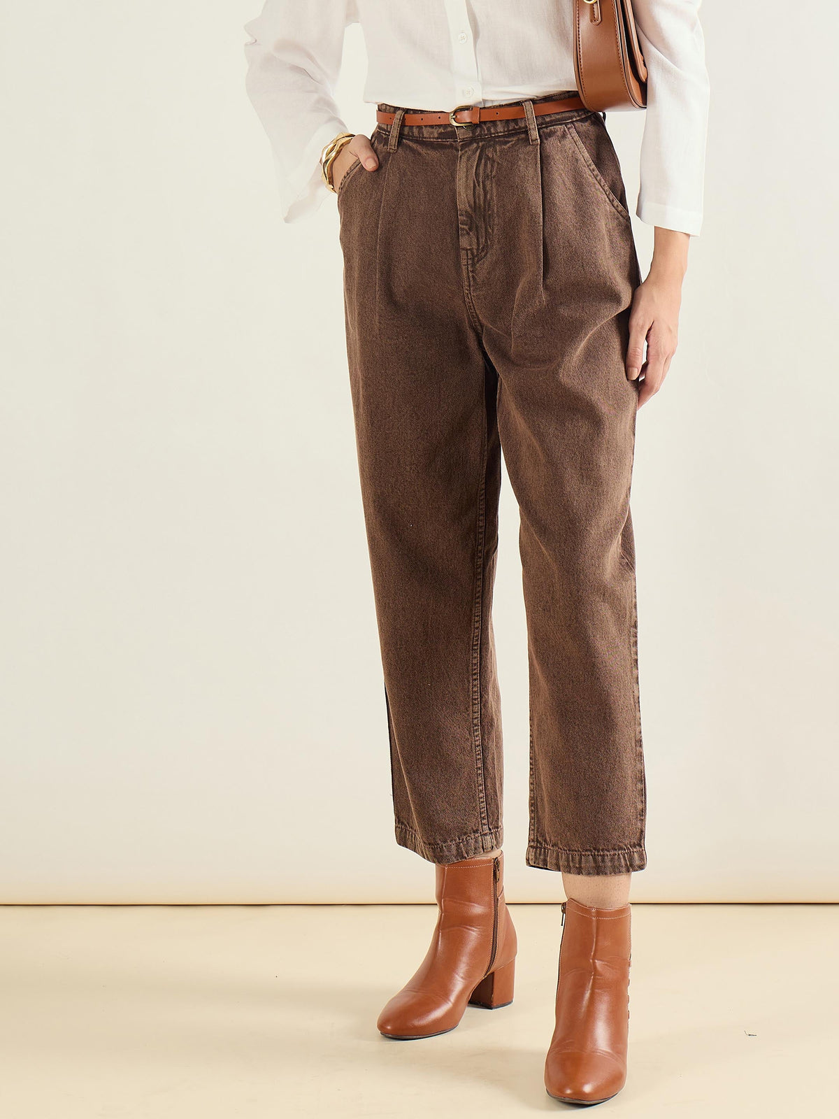 Brown PU Belted Barrel Jeans-SASSAFRAS BASICS