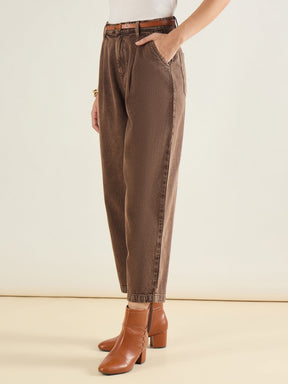 Brown PU Belted Barrel Jeans-SASSAFRAS BASICS