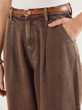 Brown PU Belted Barrel Jeans-SASSAFRAS BASICS